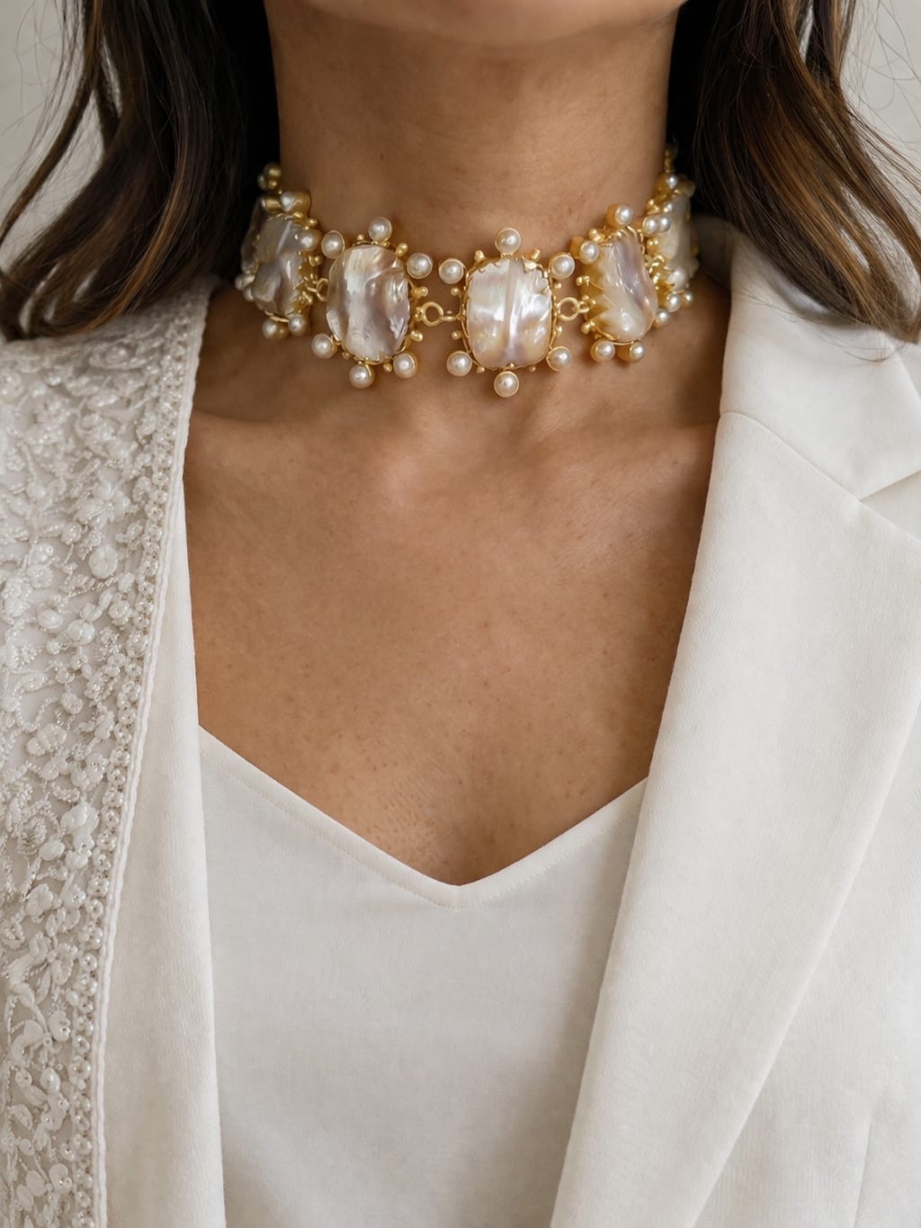 Model wearing a Naavi mother-of-pearl statement choker