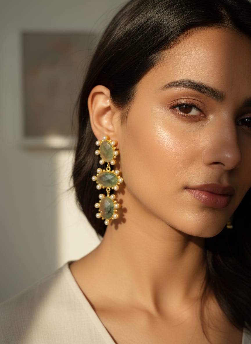 Model wearing Naavi statement drop earrings with green stones and pearls