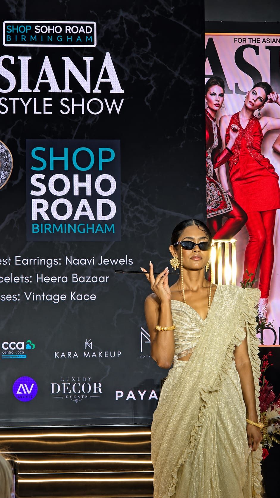 Model wearing Naavi Jewels earrings at the Asiana Style Show, Birmingham